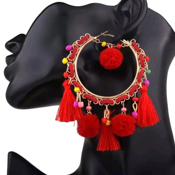 unbranded Jewelry - BOHO Large Red Tassel Beaded Earrings 